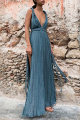 Vacation Solid Color Slit Strap Design V Neck Beach Dresses(4 Colors)
