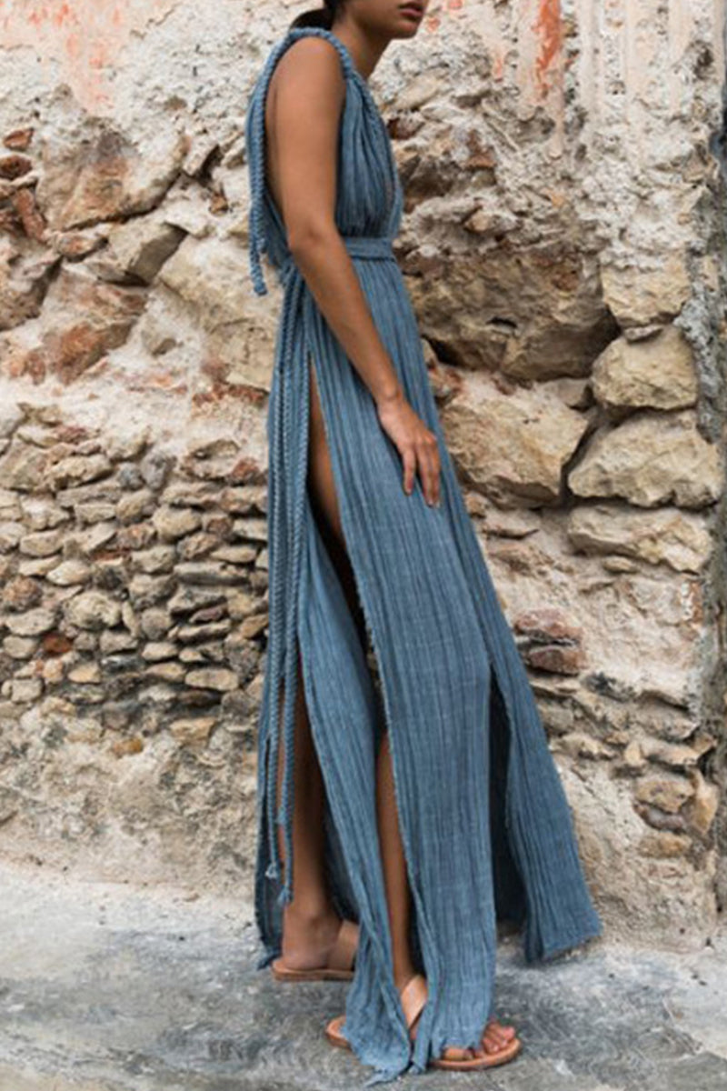 Vacation Solid Color Slit Strap Design V Neck Beach Dresses(4 Colors)