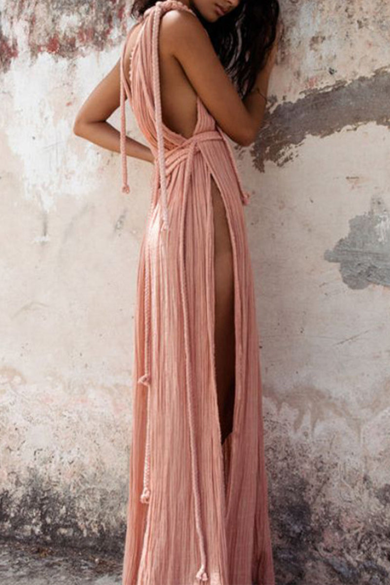 Vacation Solid Color Slit Strap Design V Neck Beach Dresses(4 Colors)