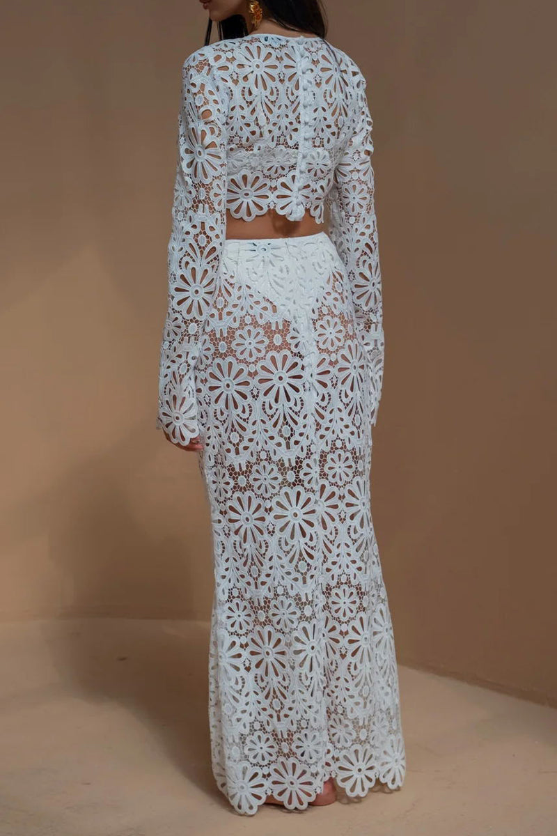 Solid Color Lace Hollow Out O Neck Long Sleeve Two Pieces