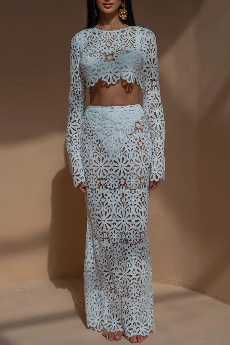 Solid Color Lace Hollow Out O Neck Long Sleeve Two Pieces