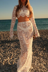 Solid Color Lace Hollow Out O Neck Long Sleeve Two Pieces