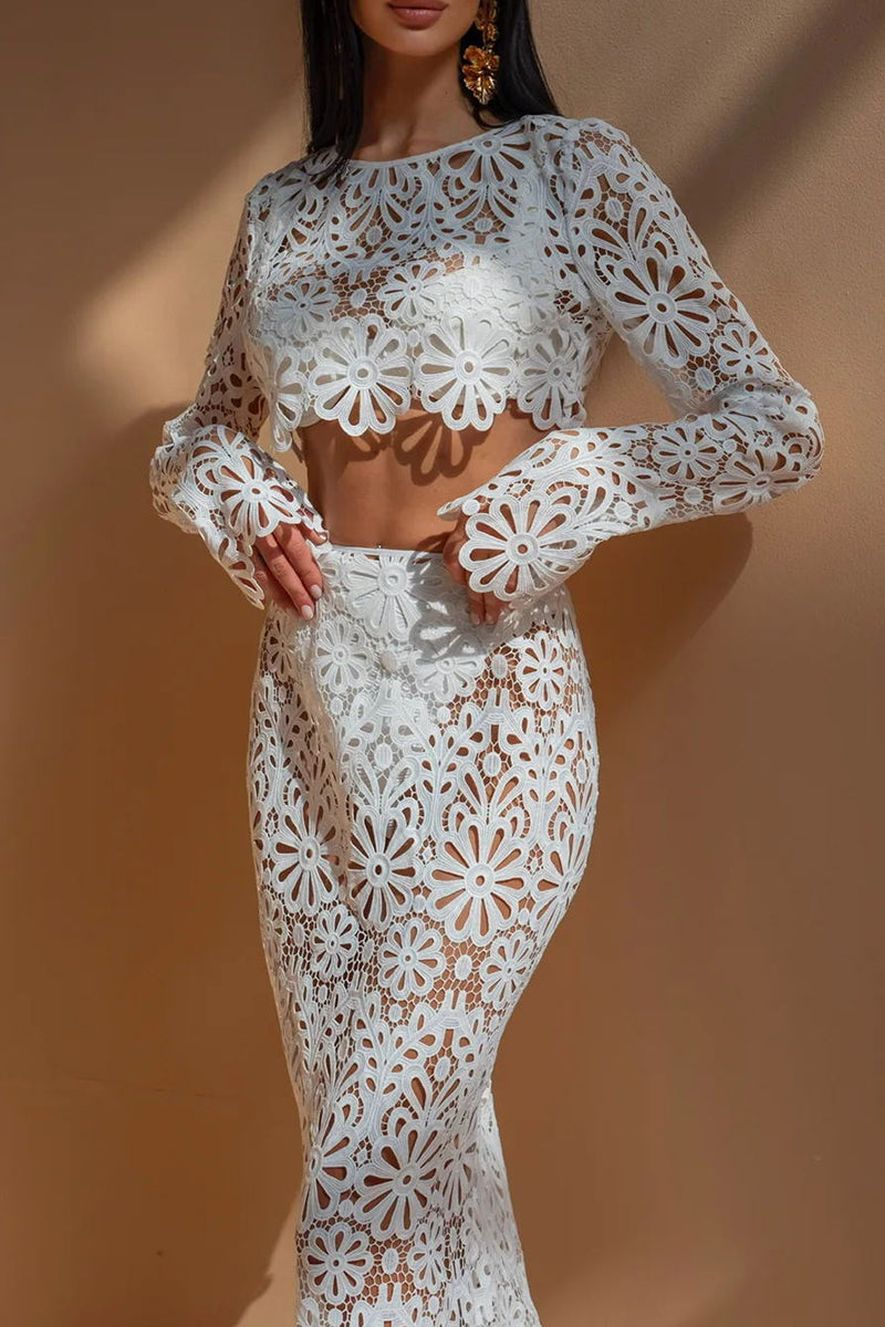 Solid Color Lace Hollow Out O Neck Long Sleeve Two Pieces