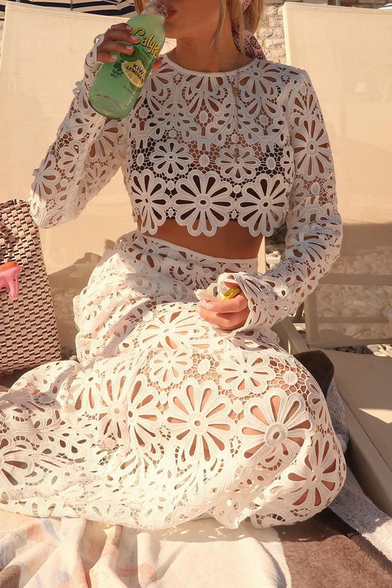 Solid Color Lace Hollow Out O Neck Long Sleeve Two Pieces