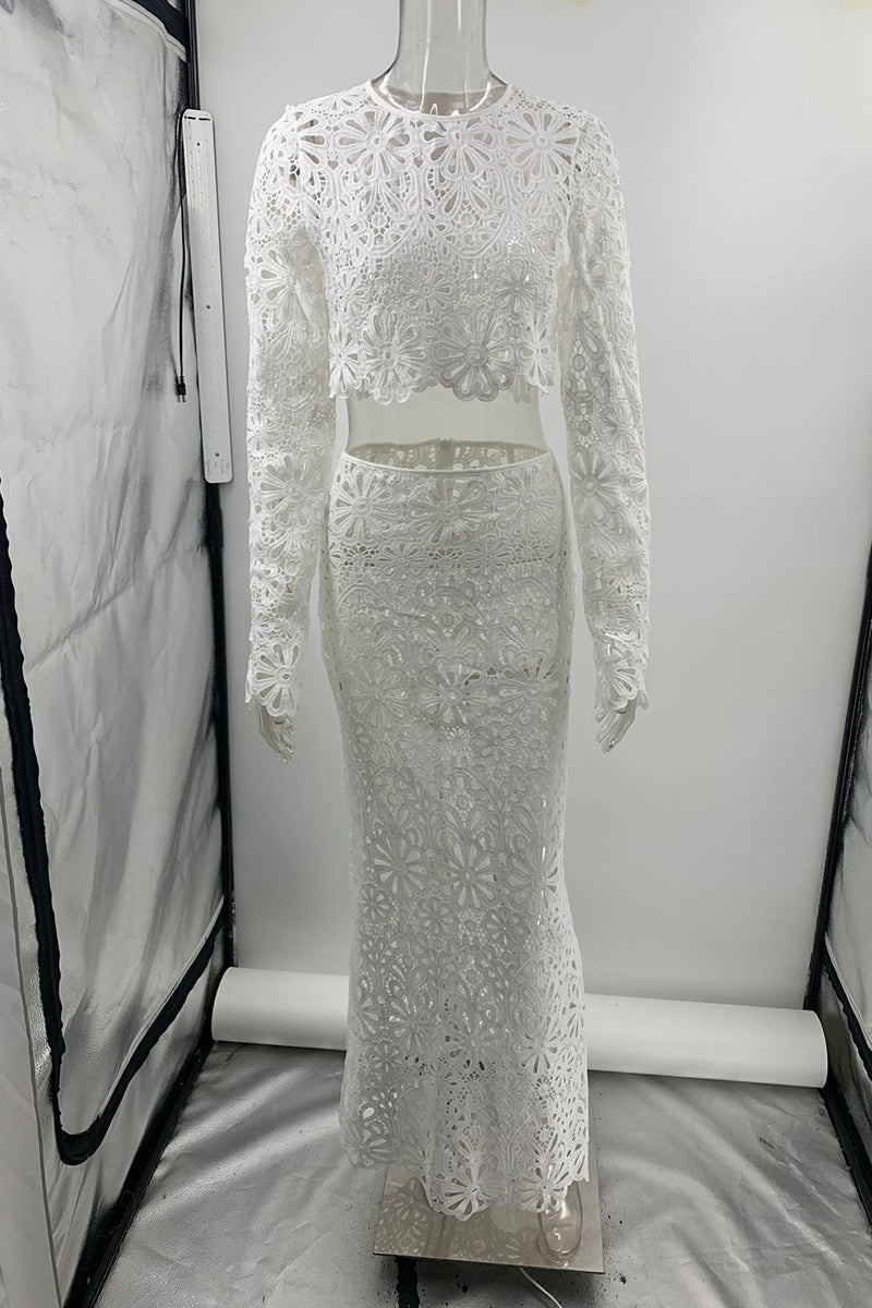 Solid Color Lace Hollow Out O Neck Long Sleeve Two Pieces