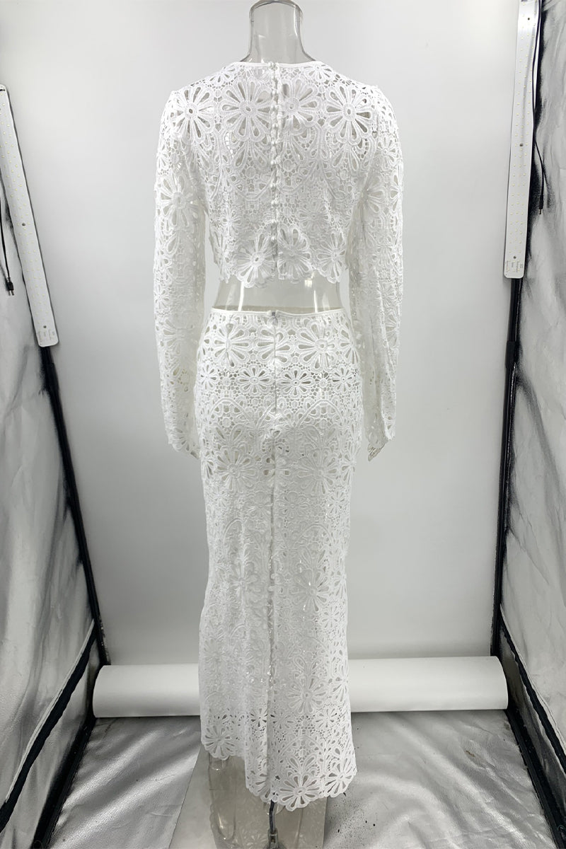 Solid Color Lace Hollow Out O Neck Long Sleeve Two Pieces
