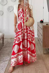 Vacation Geometric Print Lace Up V Neck Sling Dresses