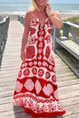 Vacation Geometric Print Lace Up V Neck Sling Dresses