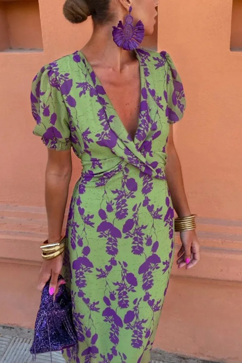 Floral Print Lace Up Ruched V Neck A Line Dresses