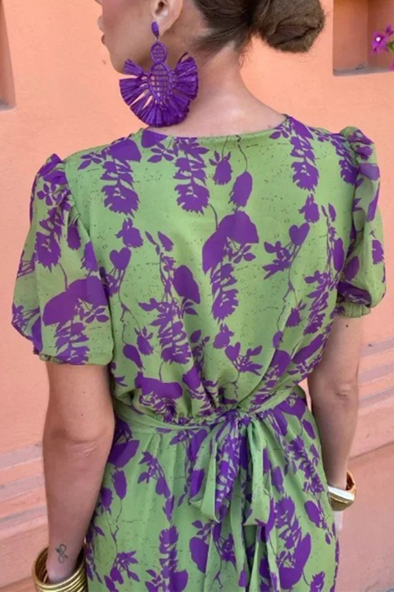 Floral Print Lace Up Ruched V Neck A Line Dresses
