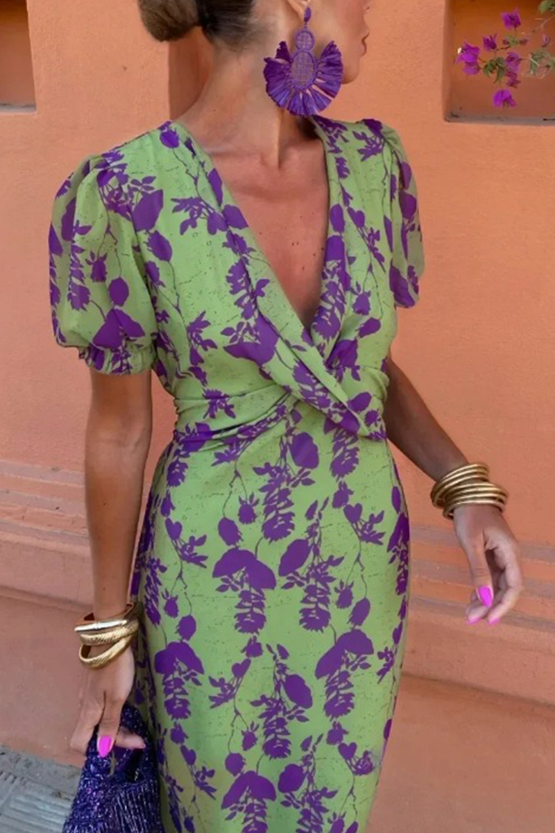 Floral Print Lace Up Ruched V Neck A Line Dresses