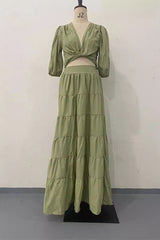 Daily Solid Color Lace Up Ruched V Neck Half Sleeve Two Pieces