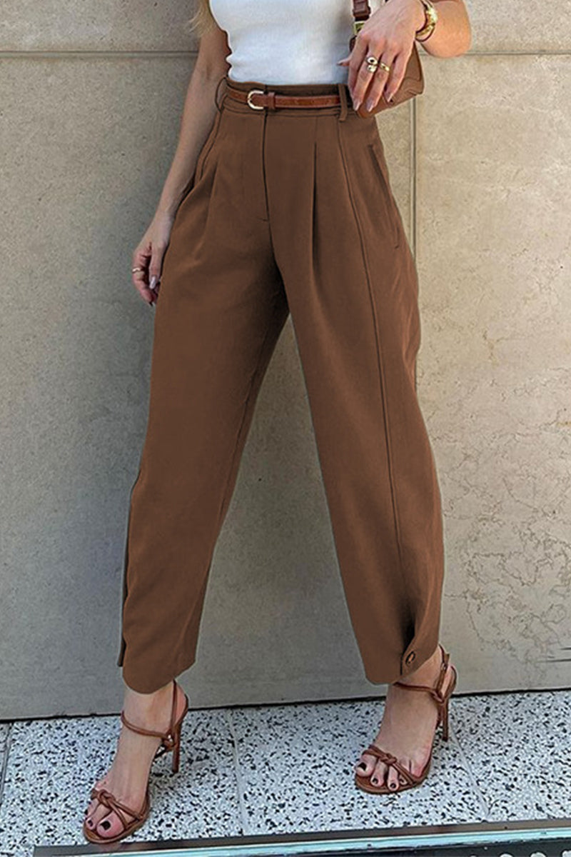 Pocket With Belt Loose High Waist Harlan Solid Color Bottoms