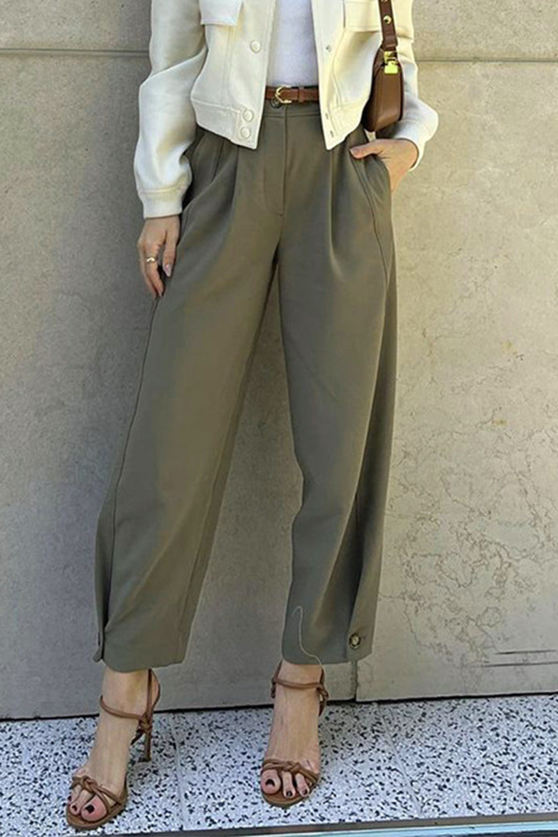 Pocket With Belt Loose High Waist Harlan Solid Color Bottoms