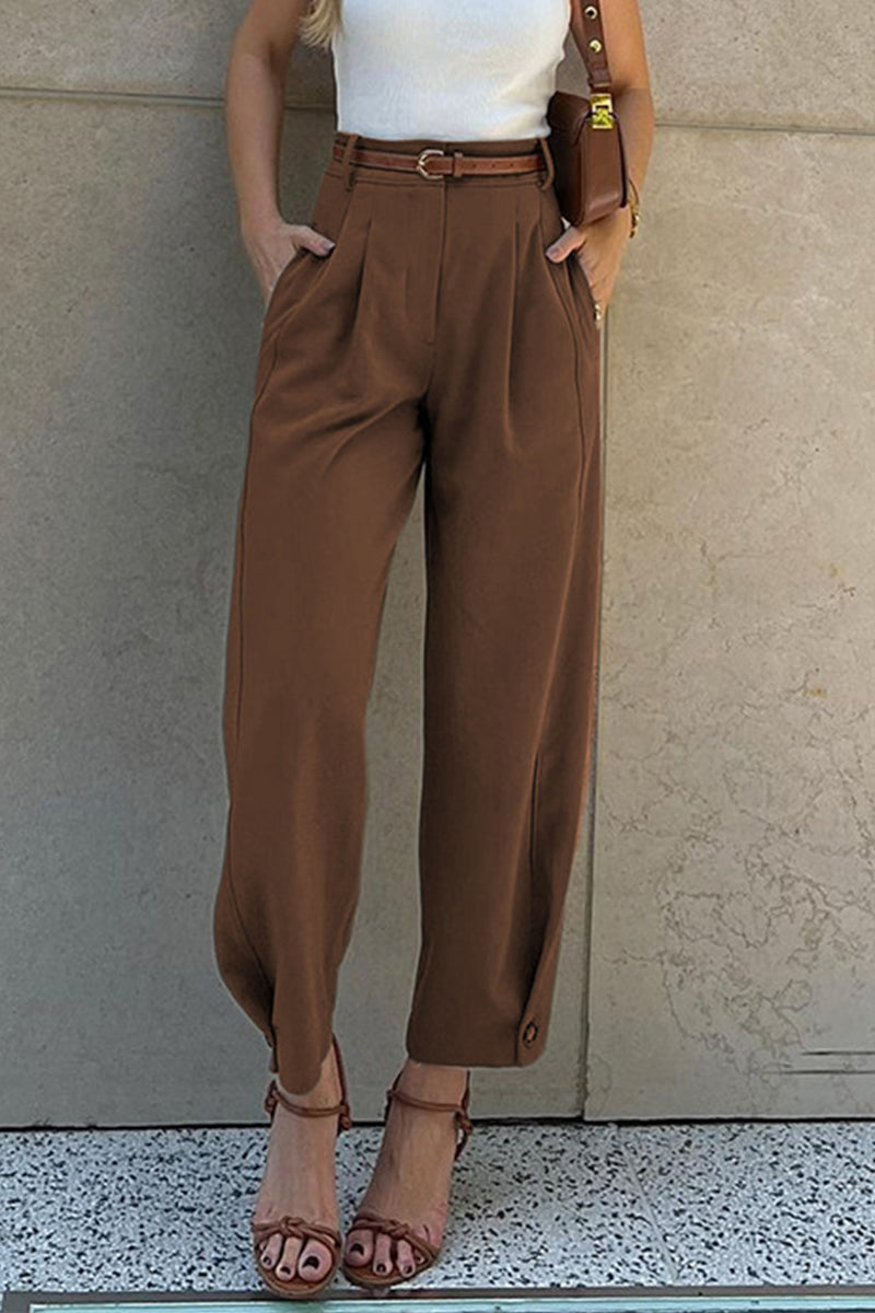 Pocket With Belt Loose High Waist Harlan Solid Color Bottoms