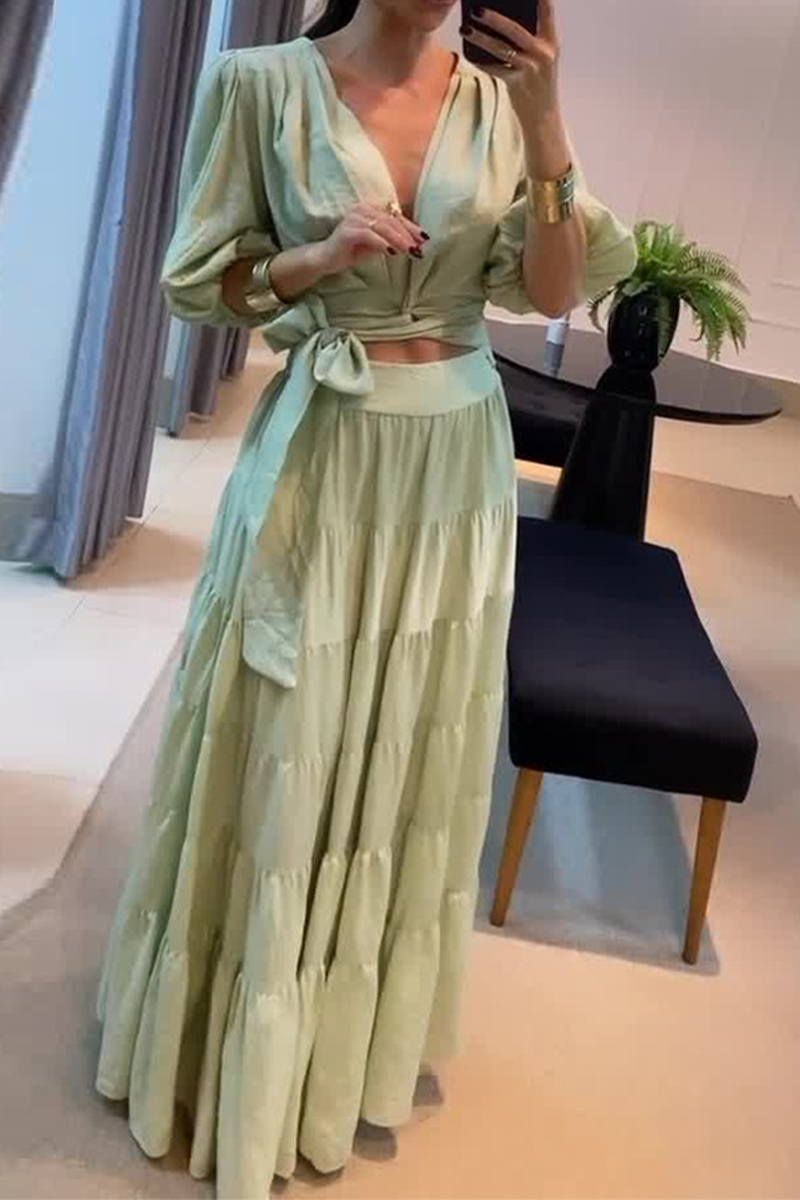 Daily Solid Color Lace Up Ruched V Neck Half Sleeve Two Pieces