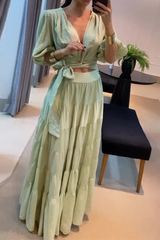 Daily Solid Color Lace Up Ruched V Neck Half Sleeve Two Pieces