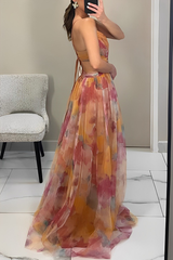 Gradient Print Backless Contrast V Neck Long Dresses