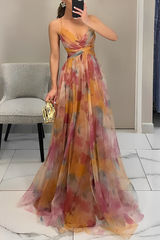 Gradient Print Backless Contrast V Neck Long Dresses
