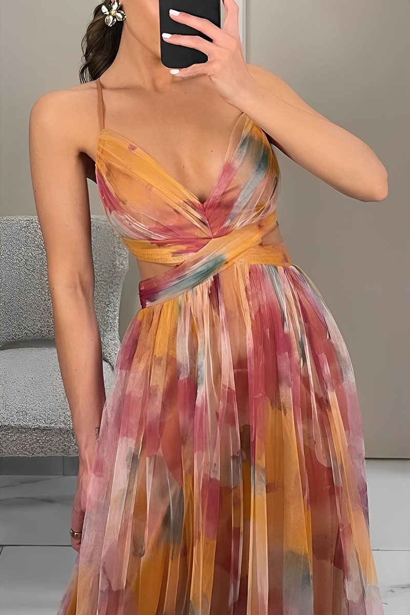 Gradient Print Backless Contrast V Neck Long Dresses