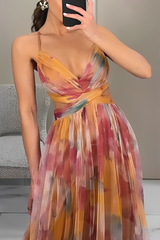 Gradient Print Backless Contrast V Neck Long Dresses