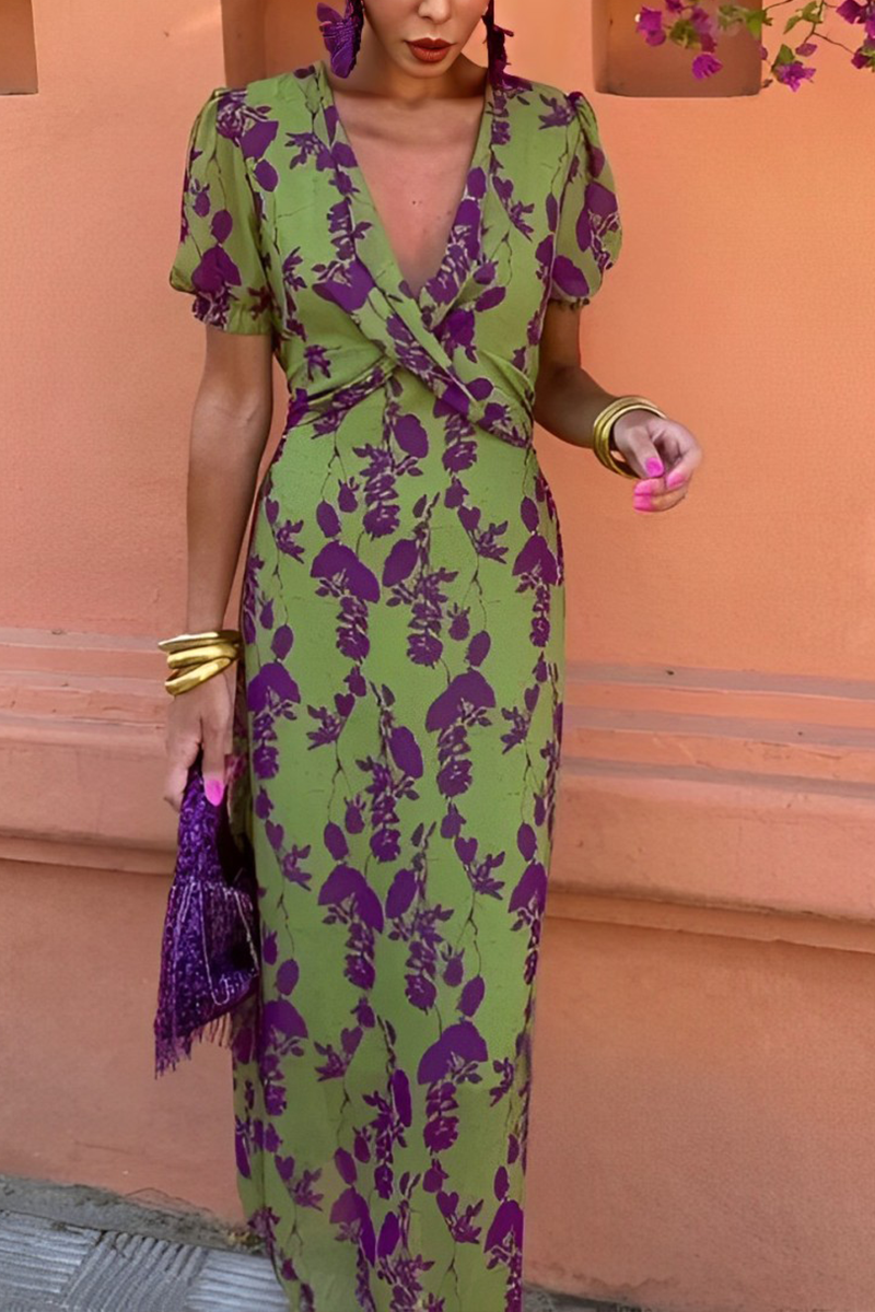 Floral Print Lace Up Ruched V Neck A Line Dresses