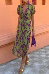 Floral Print Lace Up Ruched V Neck A Line Dresses