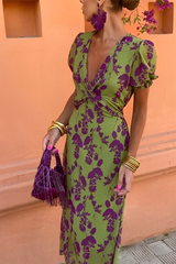 Floral Print Lace Up Ruched V Neck A Line Dresses