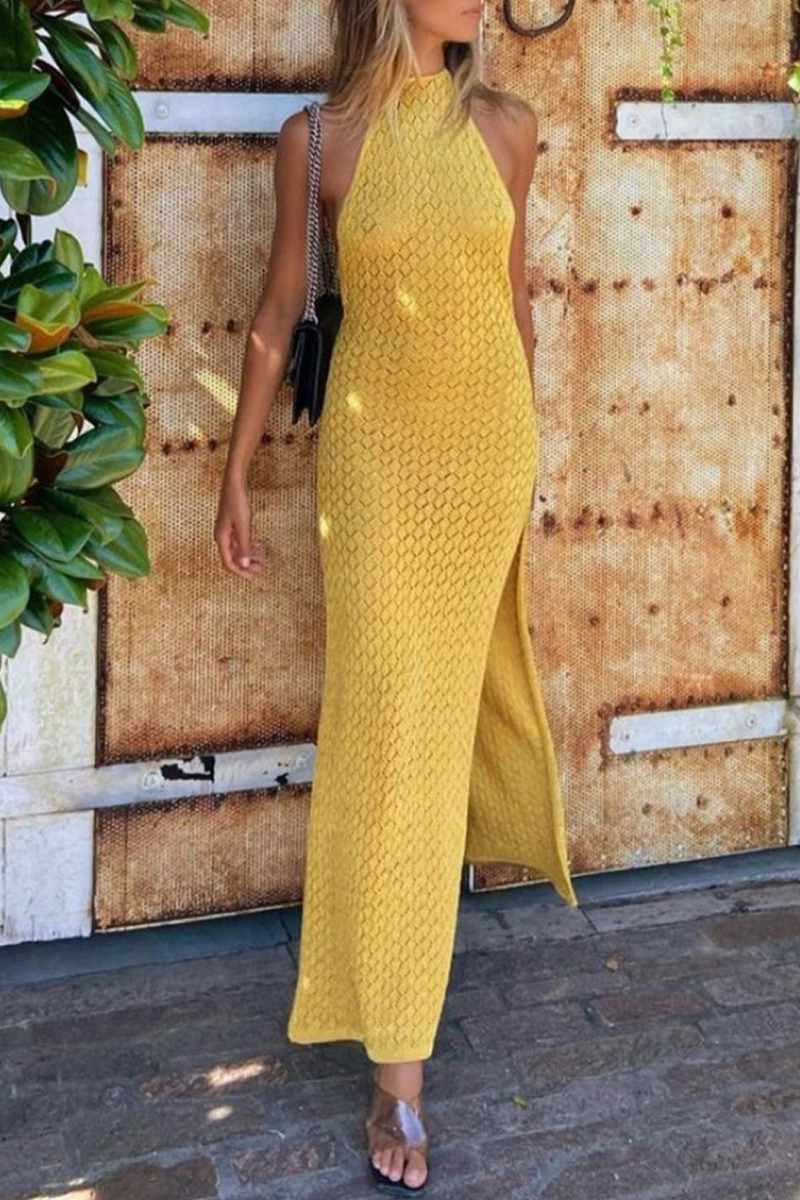 Solid Color Lace Up Backless Slit Halter Beach Dresses