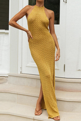 Solid Color Lace Up Backless Slit Halter Beach Dresses