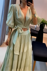 Daily Solid Color Lace Up Ruched V Neck Half Sleeve Two Pieces