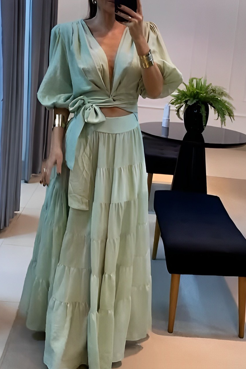 Daily Solid Color Lace Up Ruched V Neck Half Sleeve Two Pieces