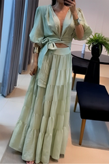 Daily Solid Color Lace Up Ruched V Neck Half Sleeve Two Pieces