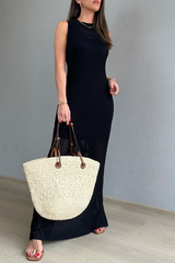 Vacation Solid Color Hollow Out Slit O Neck Sleeveless Dresses