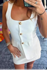 Solid Color Buttons U Neck Sleeveless Two Pieces