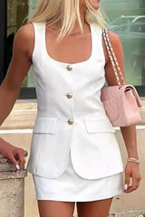 Solid Color Buttons U Neck Sleeveless Two Pieces
