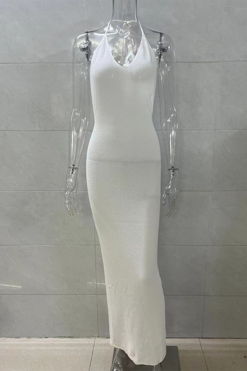 Solid Color Lace Up Backless Halter One Step Skirt Dresses