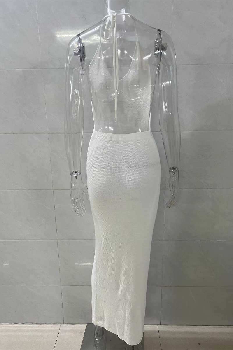 Solid Color Lace Up Backless Halter One Step Skirt Dresses