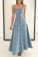 Street Solid Color Pocket Buttons Zipper V Neck Sleeveless Denim Dresses