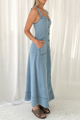 Street Solid Color Pocket Buttons Zipper V Neck Sleeveless Denim Dresses