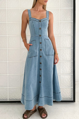 Street Solid Color Pocket Buttons Zipper V Neck Sleeveless Denim Dresses