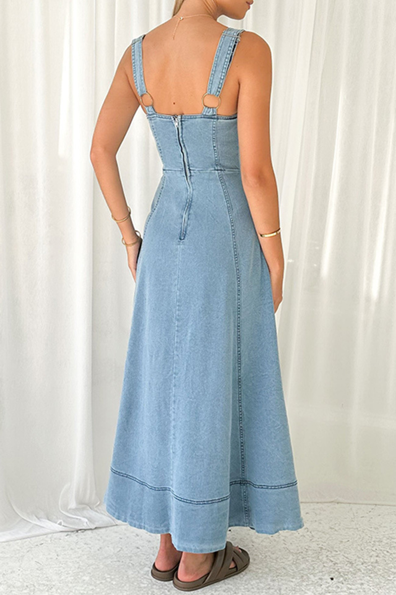 Street Solid Color Pocket Buttons Zipper V Neck Sleeveless Denim Dresses