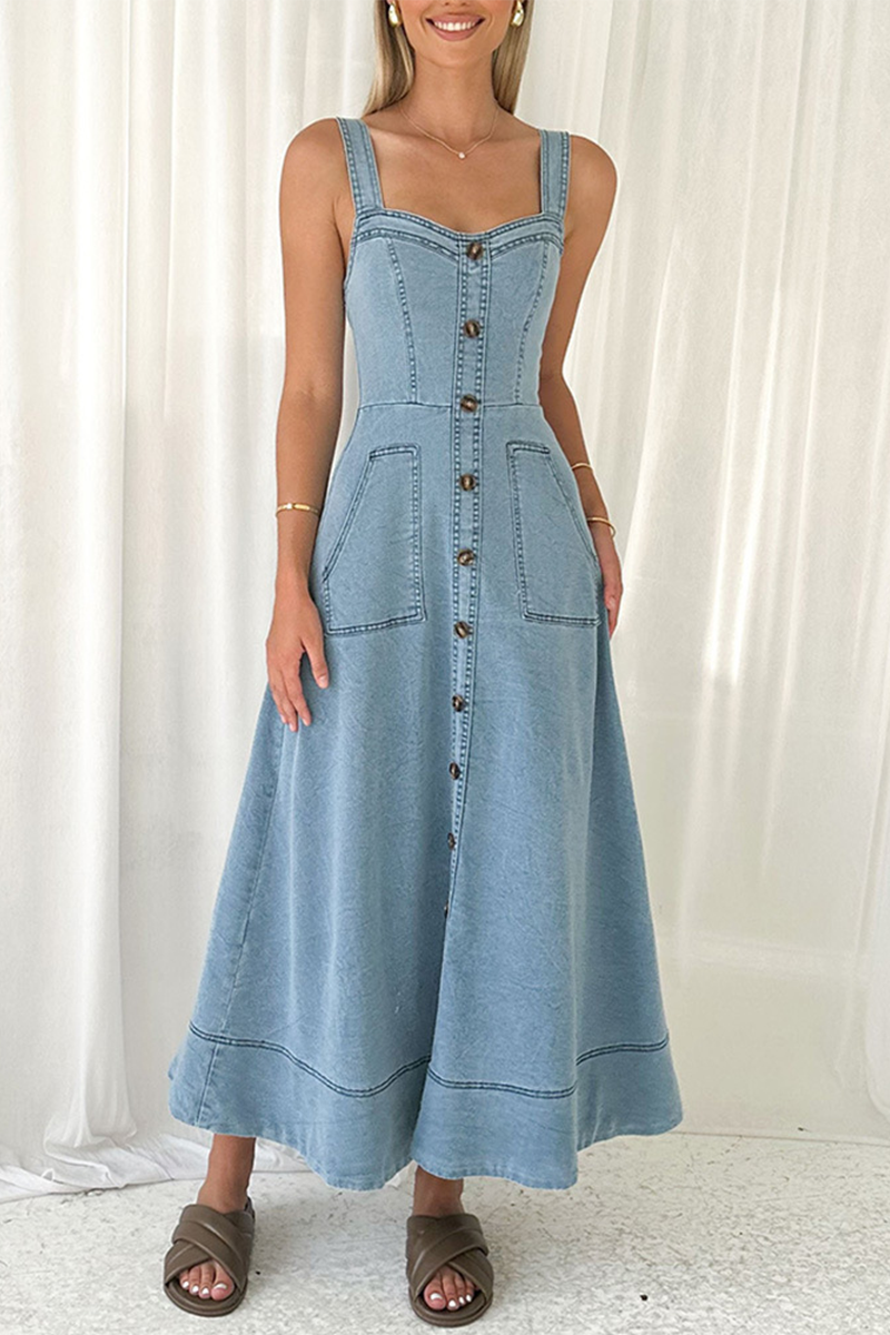 Street Solid Color Pocket Buttons Zipper V Neck Sleeveless Denim Dresses