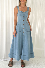 Street Solid Color Pocket Buttons Zipper V Neck Sleeveless Denim Dresses