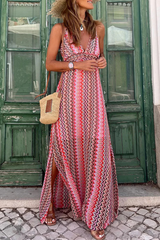 Geometric Print Patchwork V Neck Sling Dresses