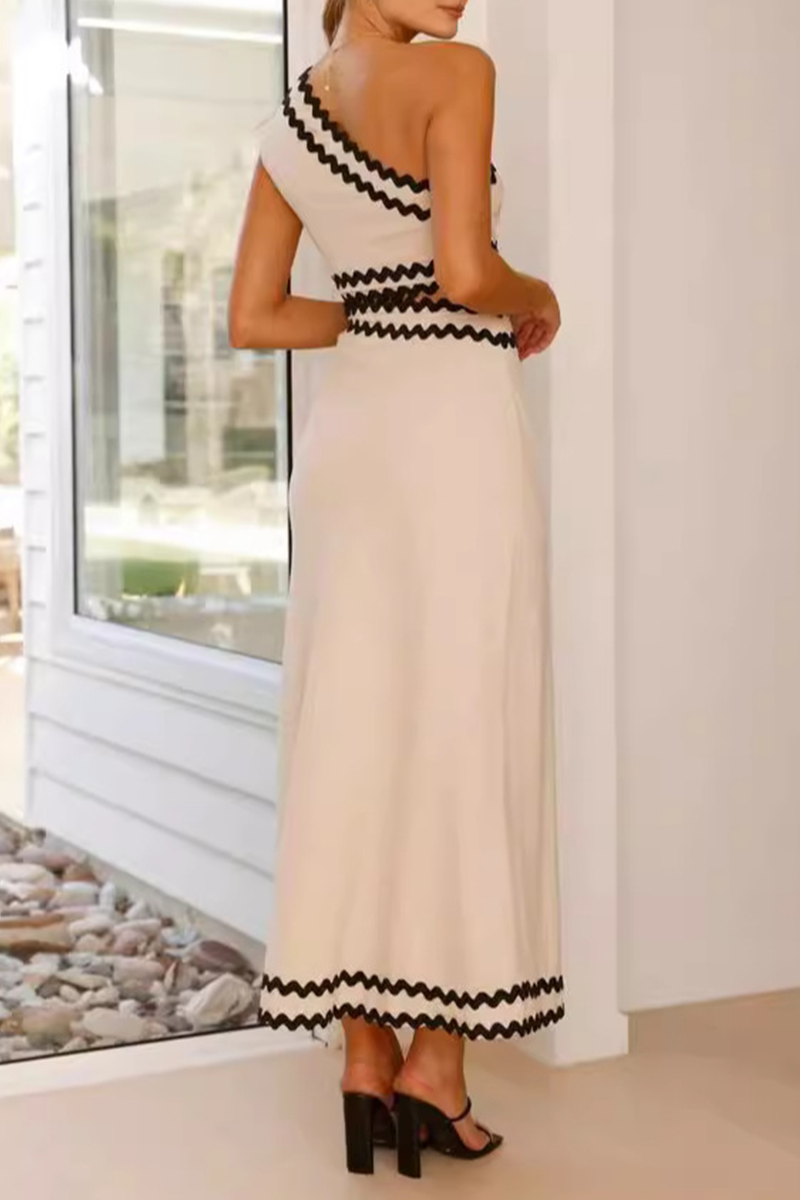 Ripple Patchwork Contrast Oblique Collar One Step Skirt Dresses