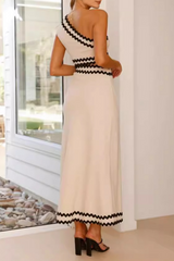 Ripple Patchwork Contrast Oblique Collar One Step Skirt Dresses