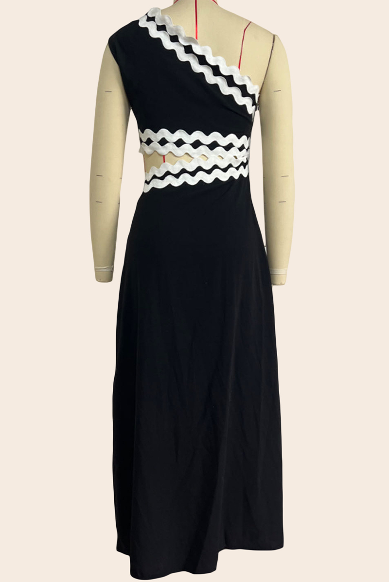 Ripple Patchwork Contrast Oblique Collar One Step Skirt Dresses