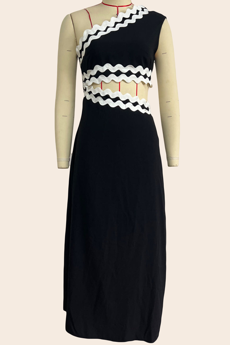 Ripple Patchwork Contrast Oblique Collar One Step Skirt Dresses