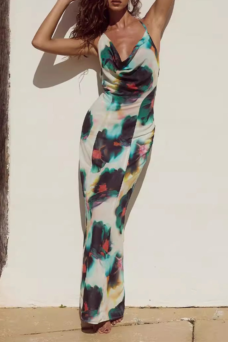 Floral Print Lace Up Backless Halter One Step Skirt Dresses
